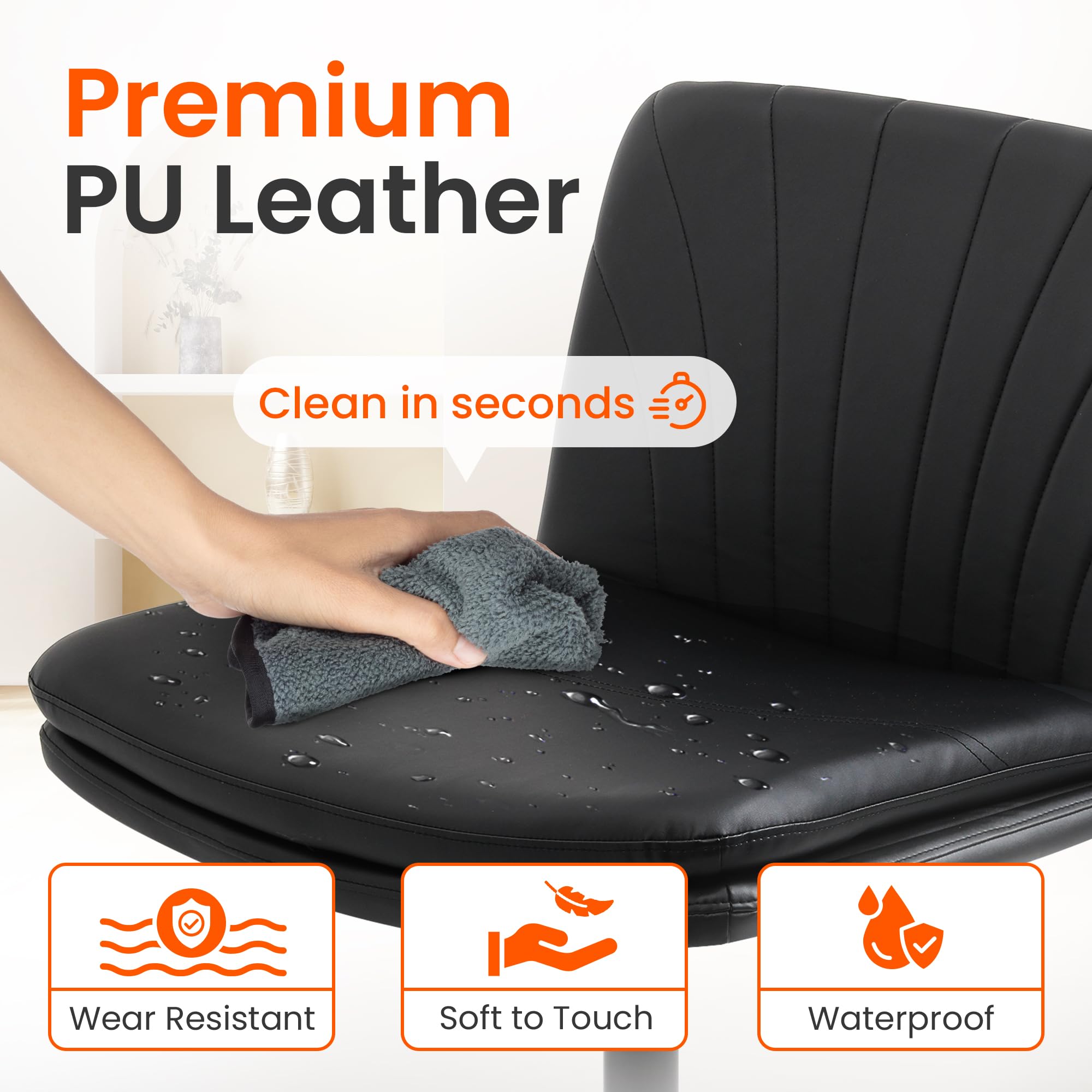 Orange Factory Criss Cross Chair with Wheels leather seat closeup features PU upholstery detail.