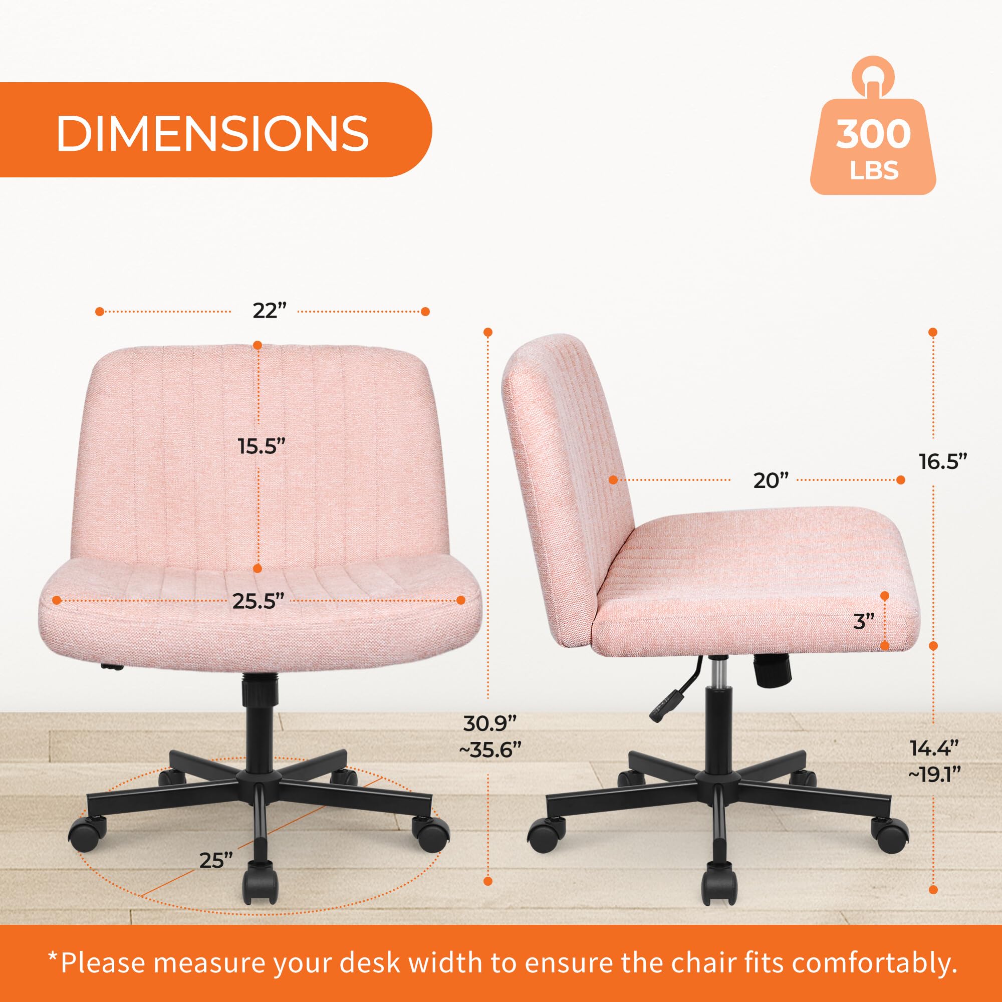 Orange Factory pink fabric chair shows armless, space-saving design.