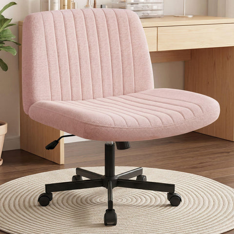 Orange Factory Criss Cross chair wheels with wide cross-legged seat for comfort.