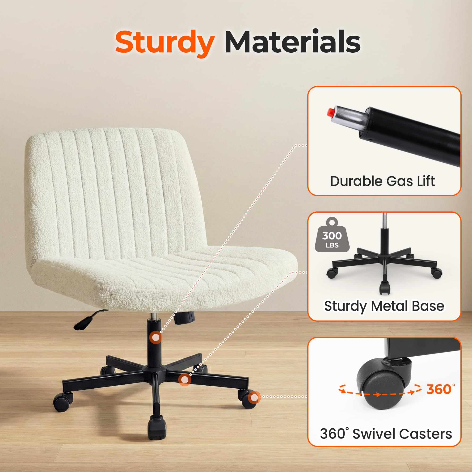 Orange Factory reinforced steel base and gas lift for durability.