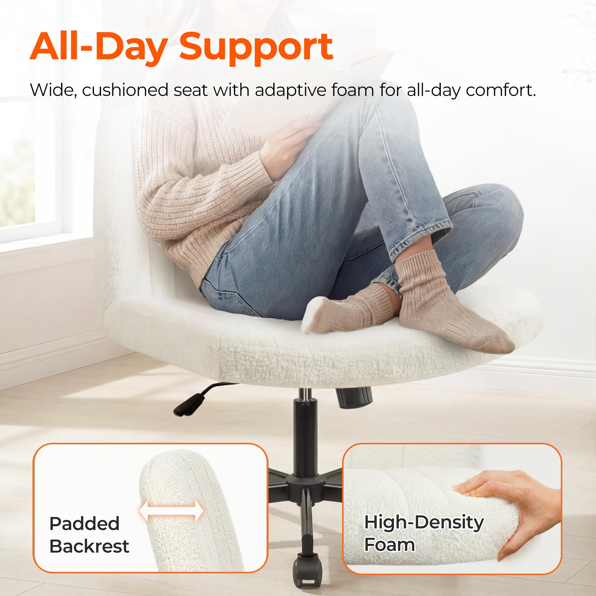 Orange Factory chair with smooth rolling casters on multiple floor types.