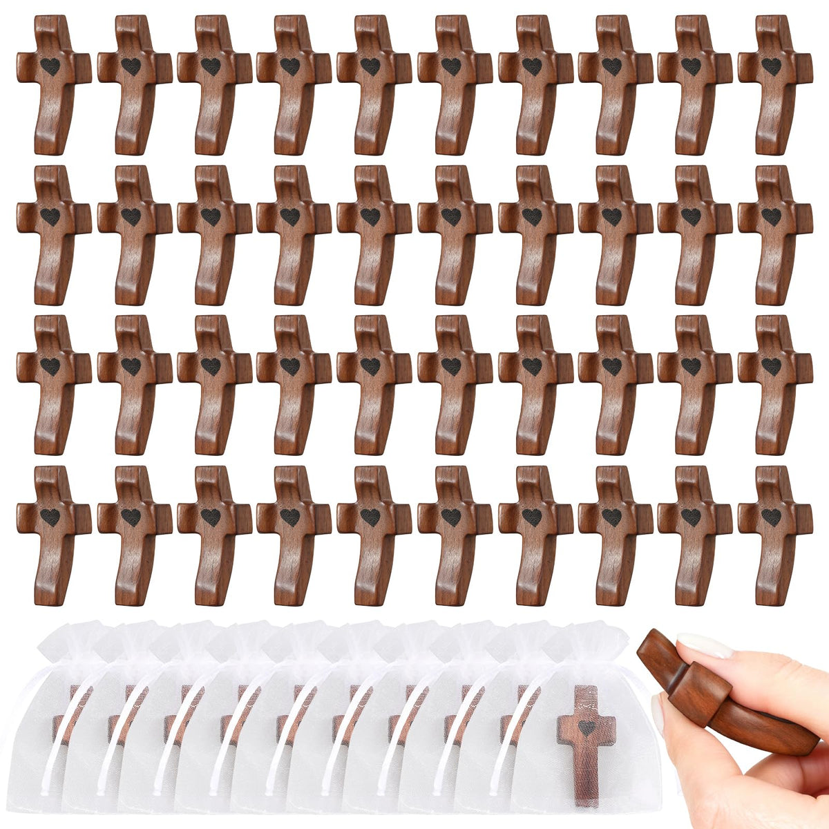 OrbitShell wooden cross bulk pack with organza bags for church distribution