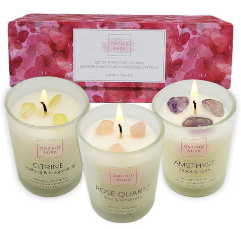 ORCHID AURA citrine crystal candle reveals a bright crystal inside for an uplifting mood.