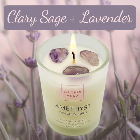 ORCHID AURA eucalyptus and lemongrass candle refreshes spaces with cleansing aroma and crystal.