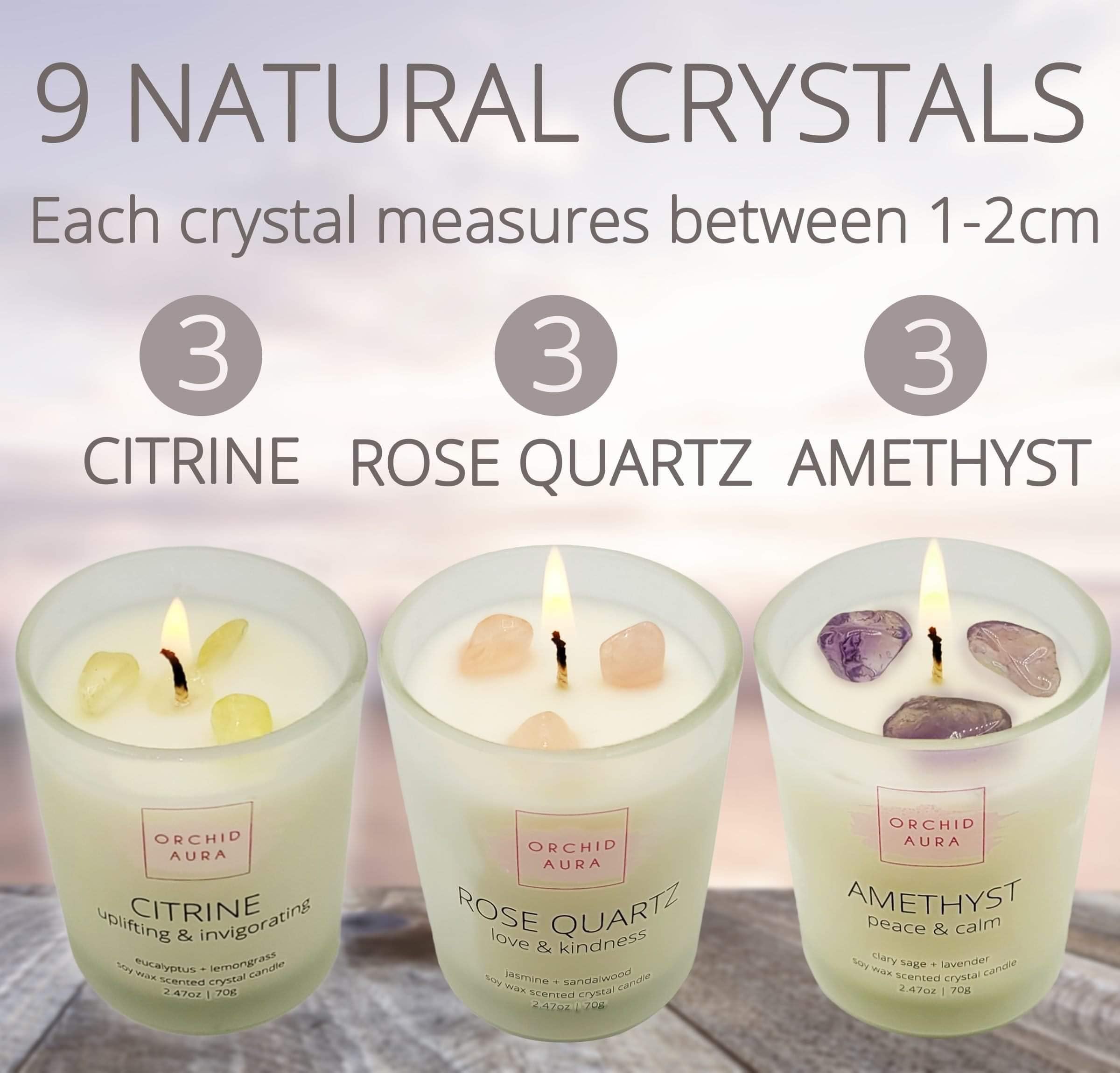 ORCHID AURA jasmine sandalwood candle creates romantic ambiance with crystal inside.