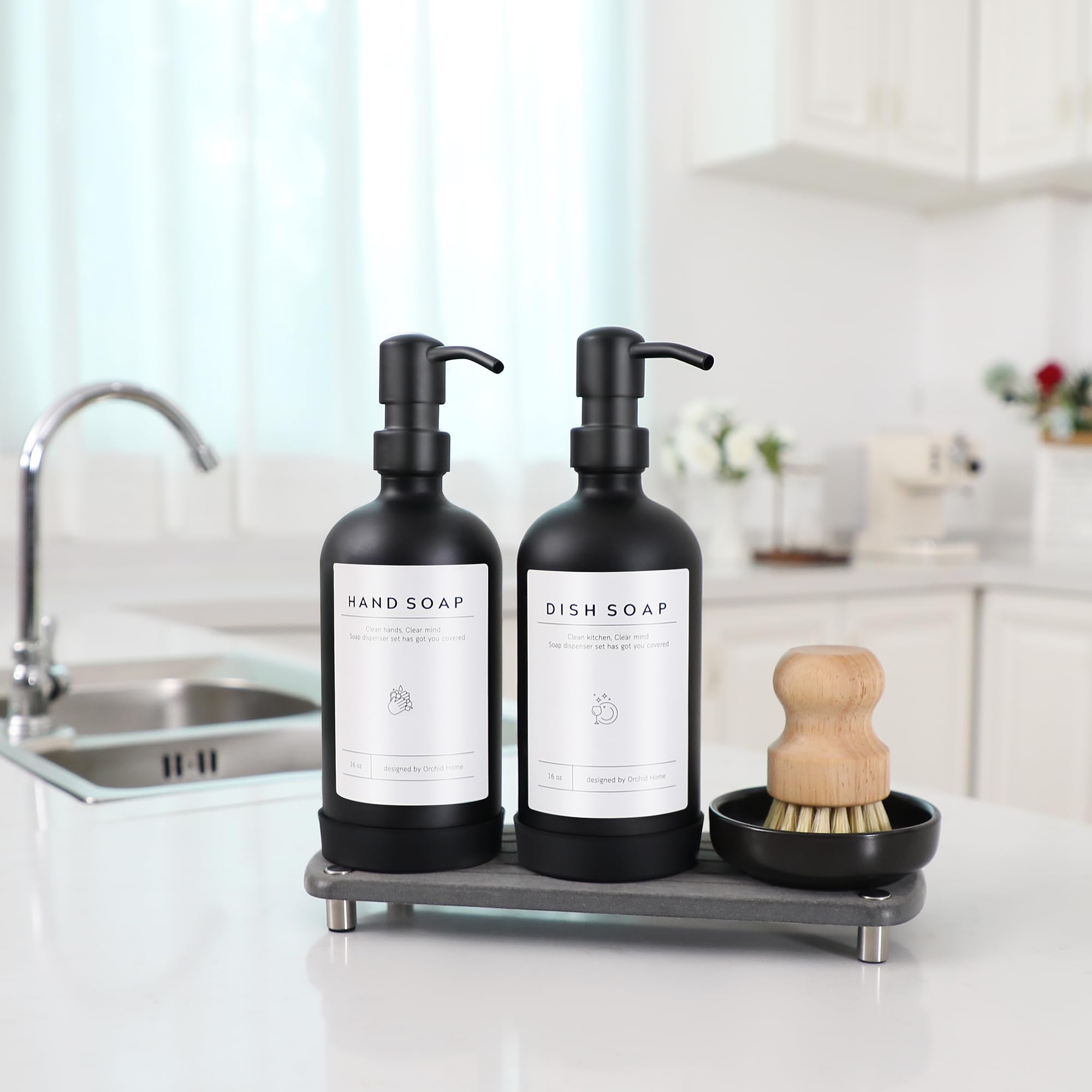 ORCHID HOME dish brush with holder simplifies cleaning near the sink