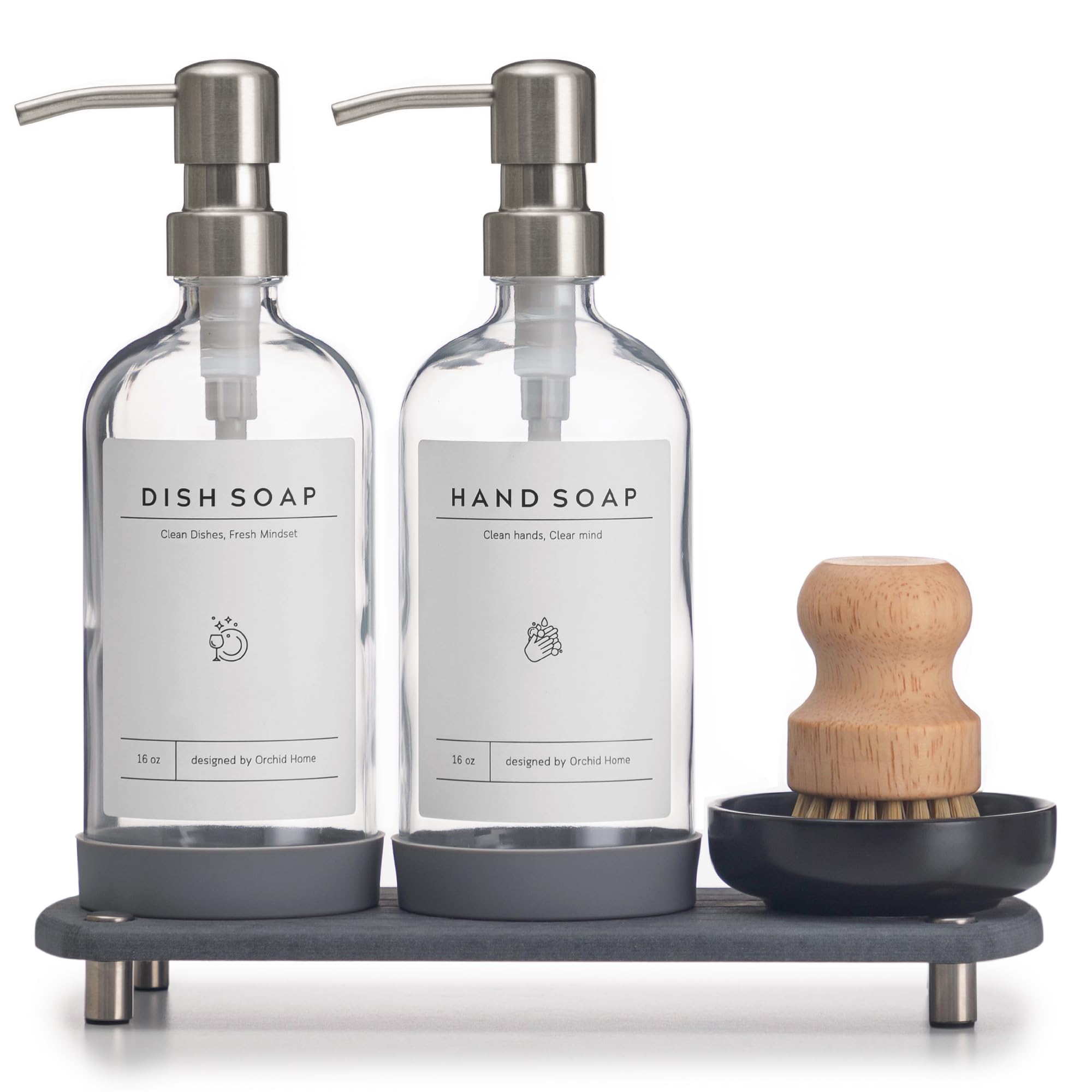 ORCHID HOME kitchen soap dispenser with clear glass bottle for a chic, organized sink.