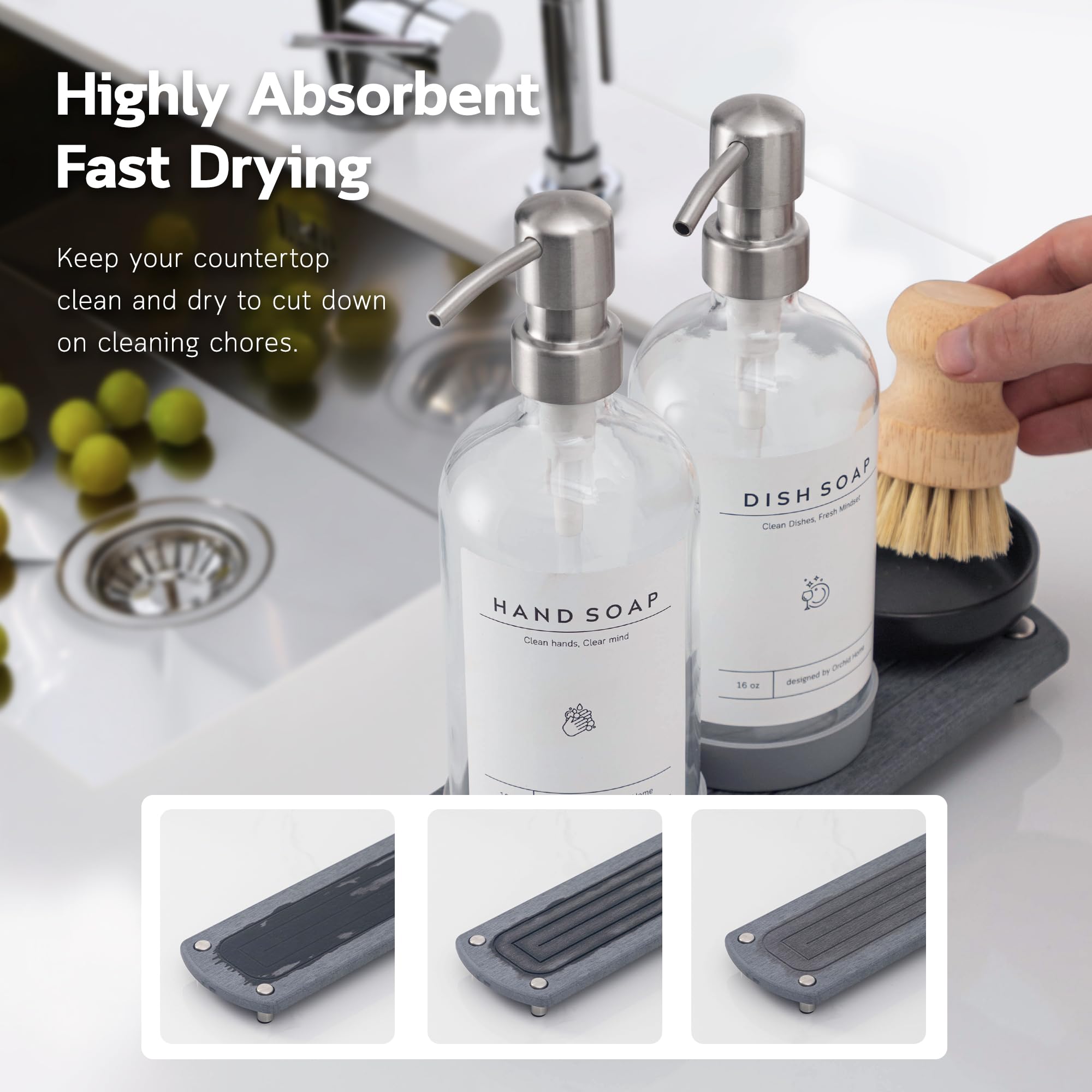 ORCHID HOME soap dispenser with stainless steel pump for durable, smooth dispensing.