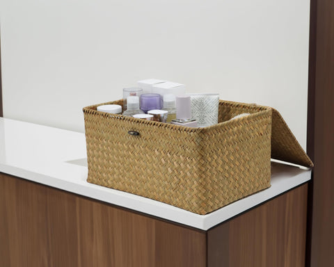 Ordelite stackable seagrass baskets save space when not in use.