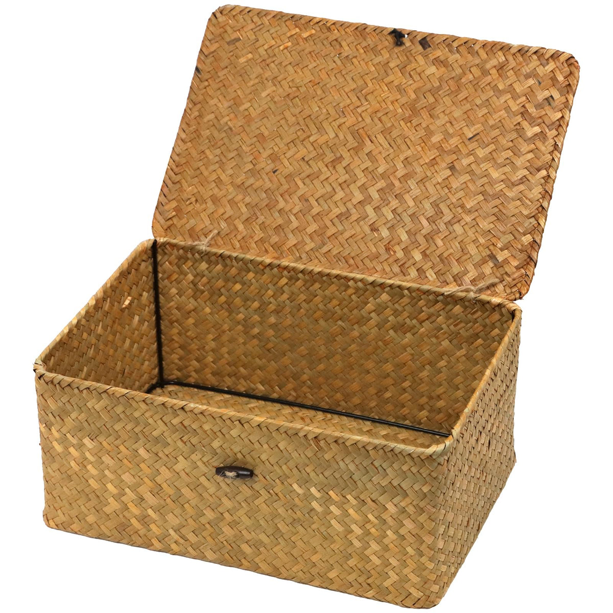 ORDELITE wicker storage basket with lid keeps items organized and accessible.