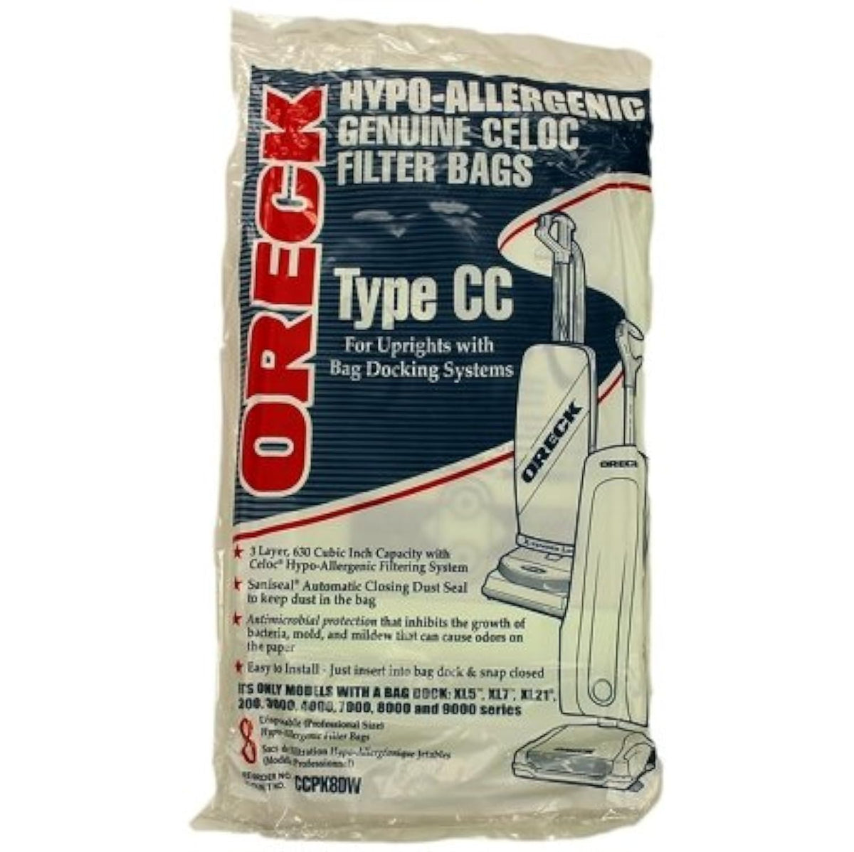 Oreck CCPK8DW Type CC vacuum bags 8-pack for XL series uprights with bag dock.