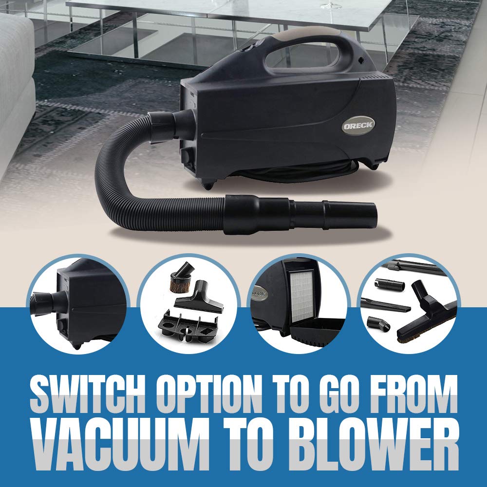 Oreck Compact blower function for clearing dust from hard-to-reach areas.