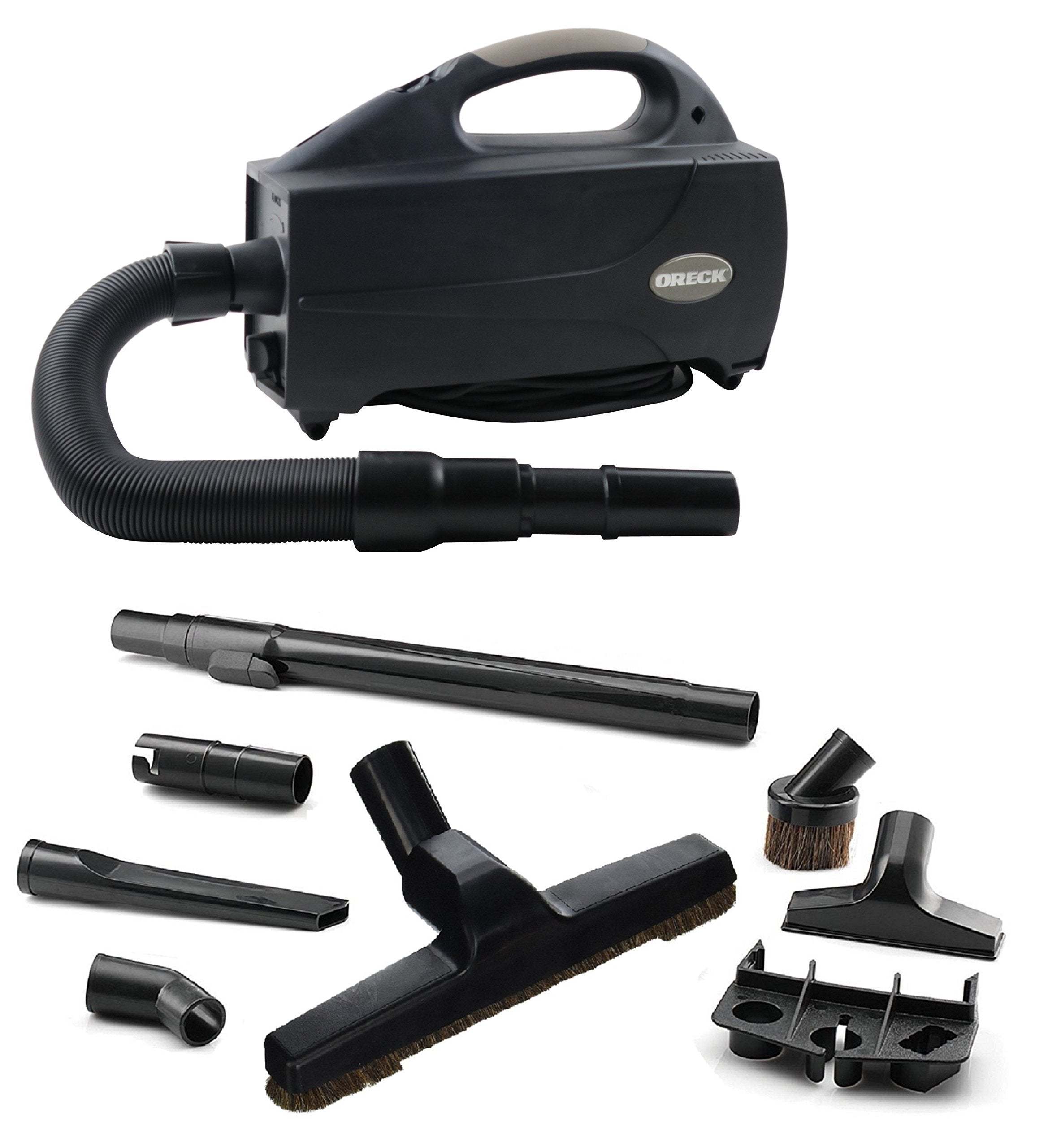 Oreck Compact vacuum with carry hande for easy portability around stairs and rooms.