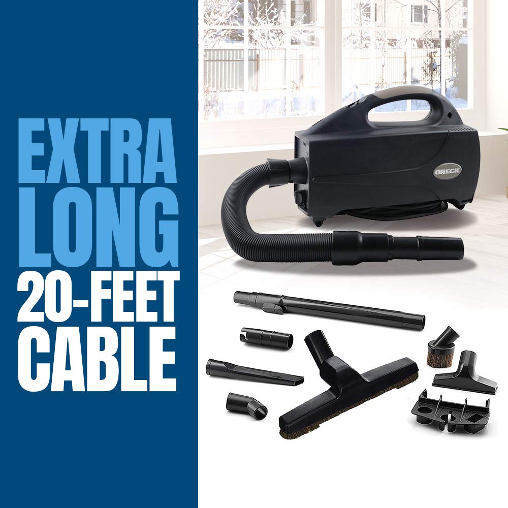 Oreck Compact flexible hose enables cleaning around furniture and corners.