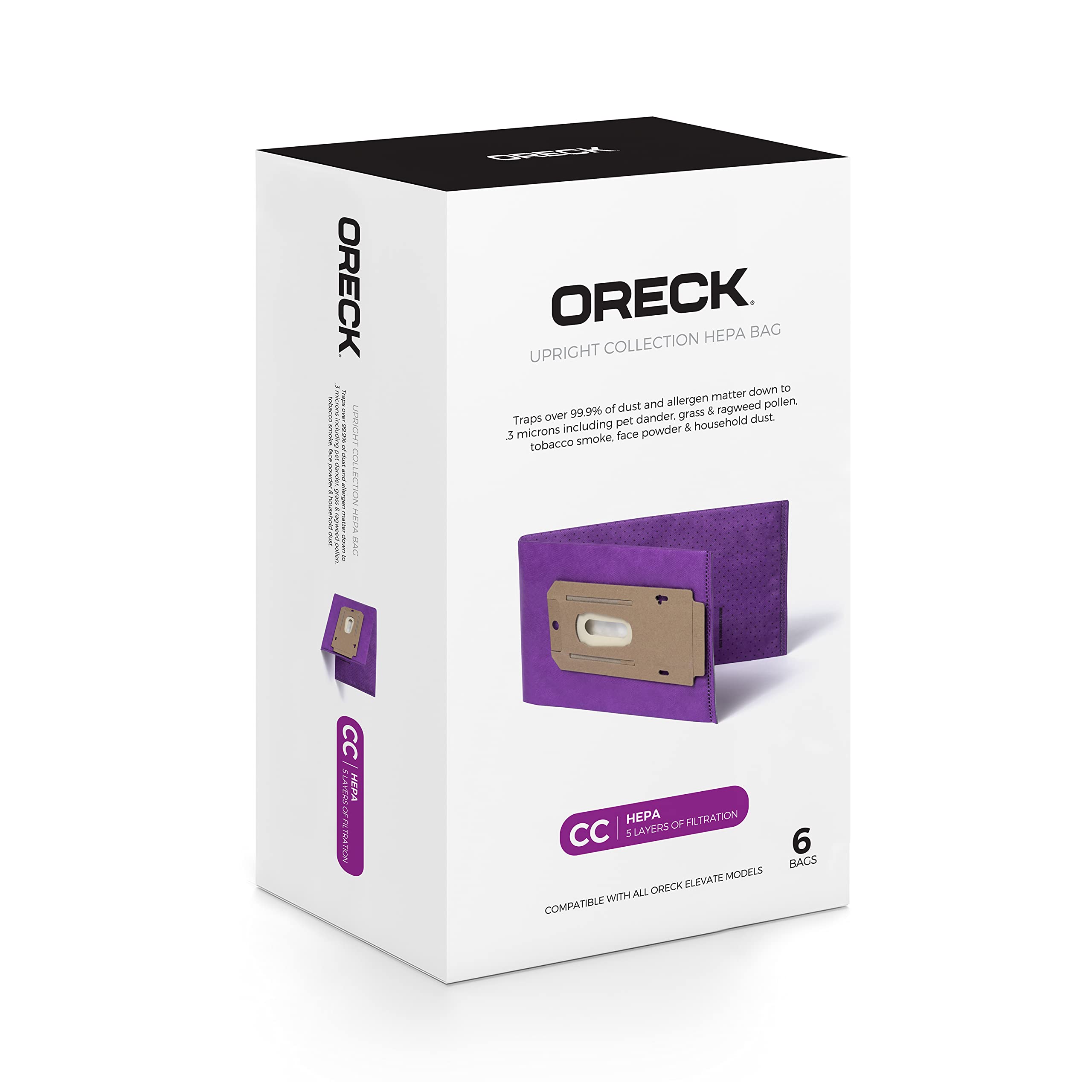 Oreck Type CC HEPA bags purple six-pack for upright vacuums with high-capacity filtration