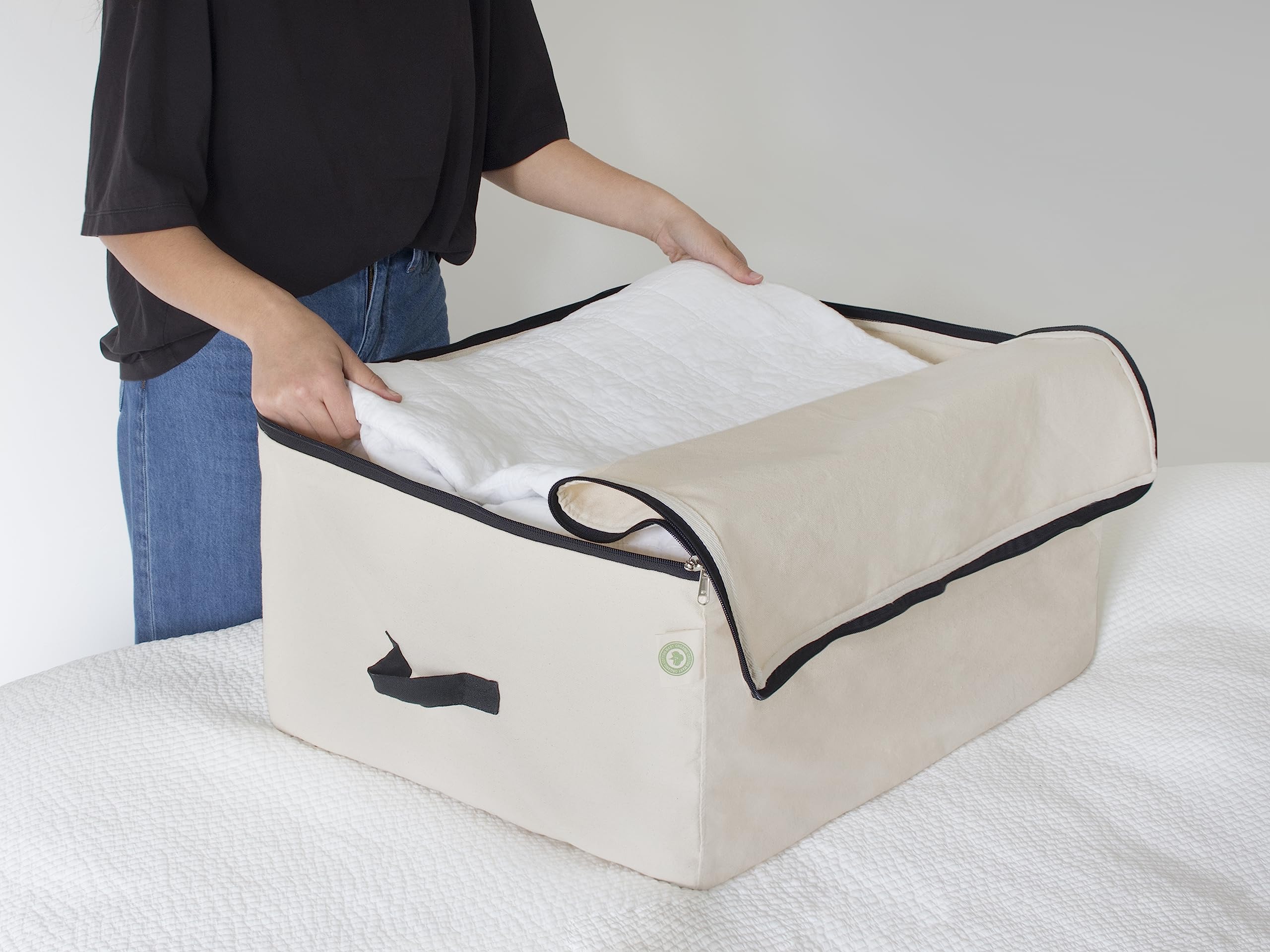 Carrying straps on Organic Cotton Mart canvas storage bag for easy transport.