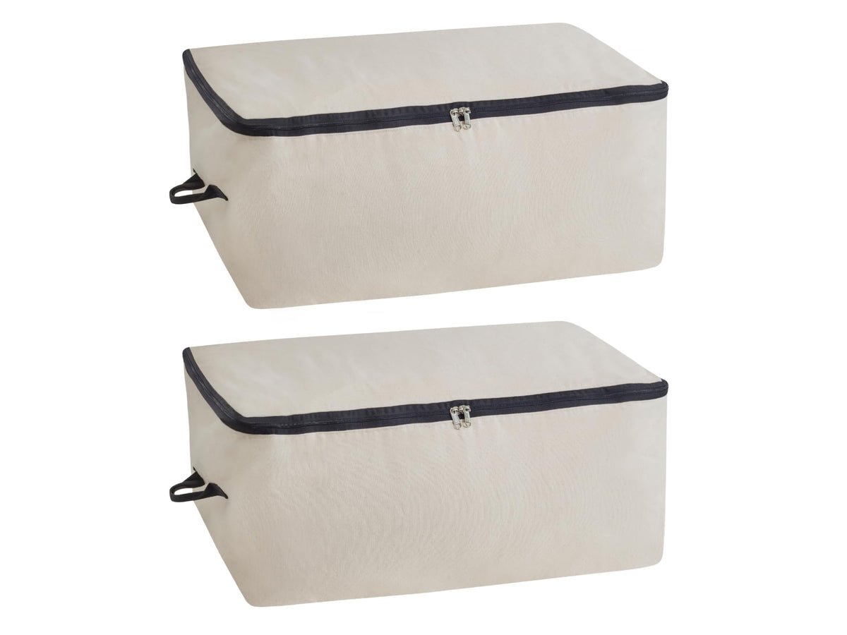 Organic Cotton Mart canvas storage bag underbed open showing ample blanket space.