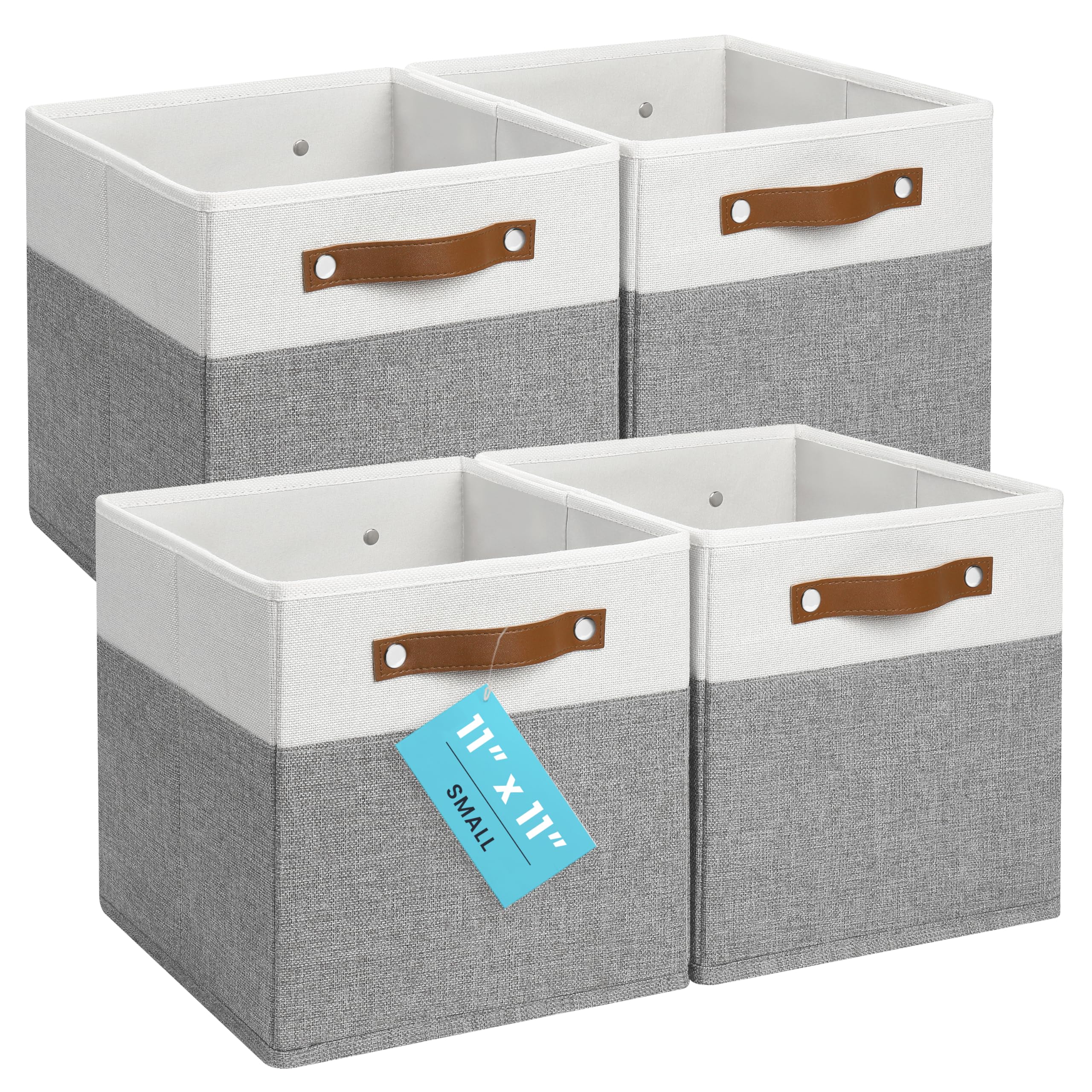 OrganiHaus 11x11 cube bin in grey and white front view, neat shelf organization.