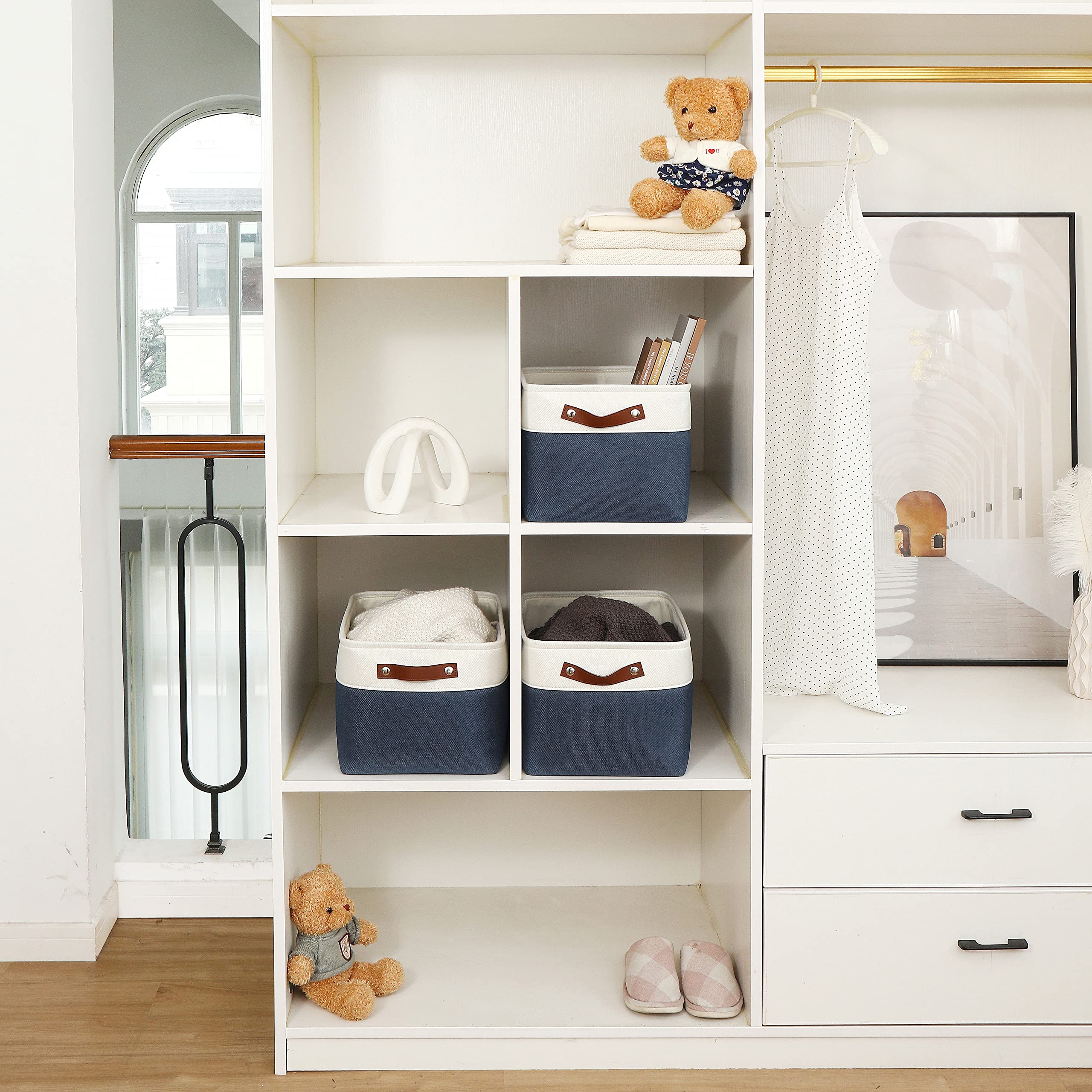 OrganiHaus extra-large basket in shelf adds deep storage for blankets.