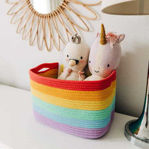 OrganiHaus rainbow baskets holding blankets and towels without losing shape.