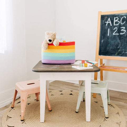 OrganiHaus rainbow baskets in classroom brighten and organize spaces.