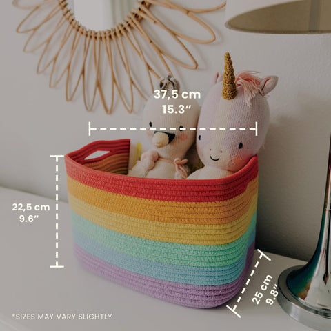 OrganiHaus rainbow baskets close-up reveals soft cotton rope weave for durable storage.