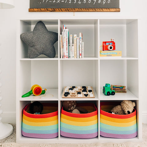 OrganiHaus rainbow baskets on standard shelves fit cube organizers neatly.