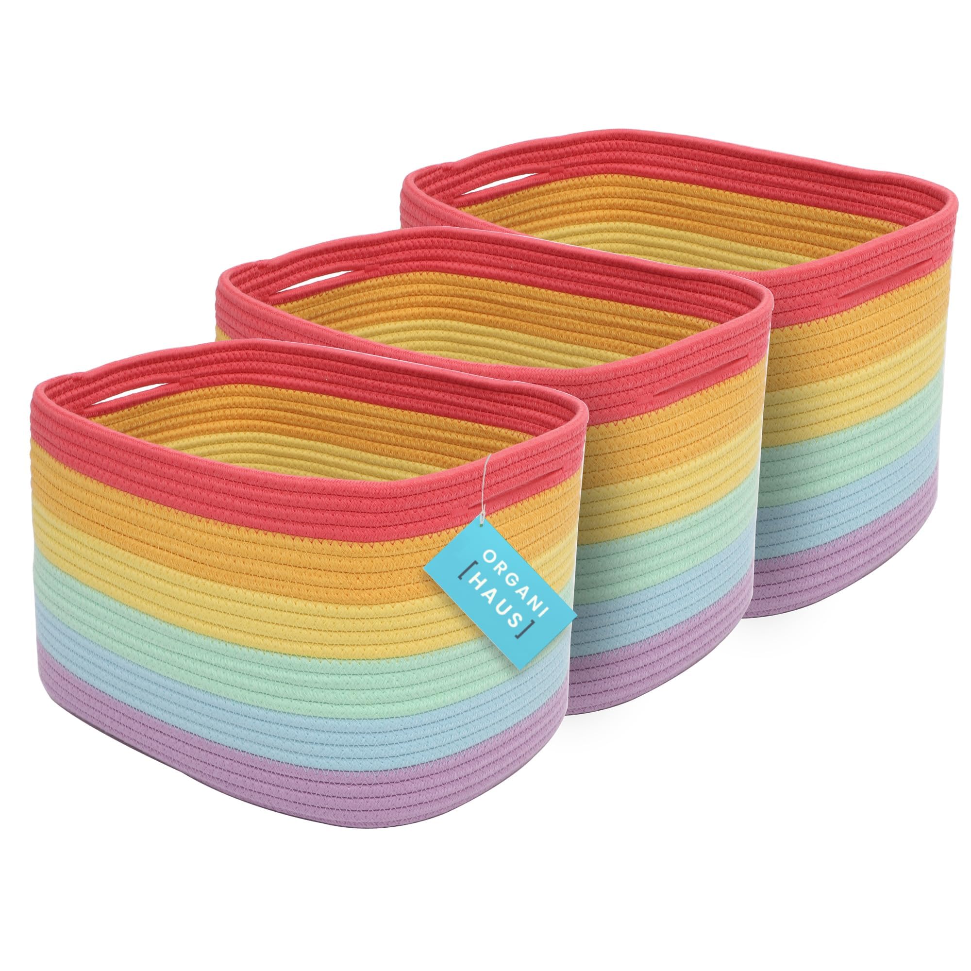 OrganiHaus rainbow baskets on a shelf providing colorful, organized storage.