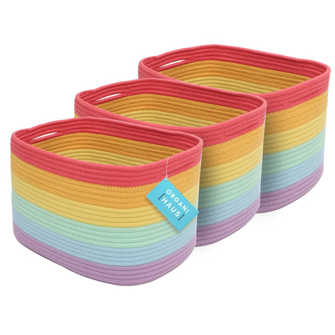 OrganiHaus rainbow baskets on a shelf providing colorful, organized storage.