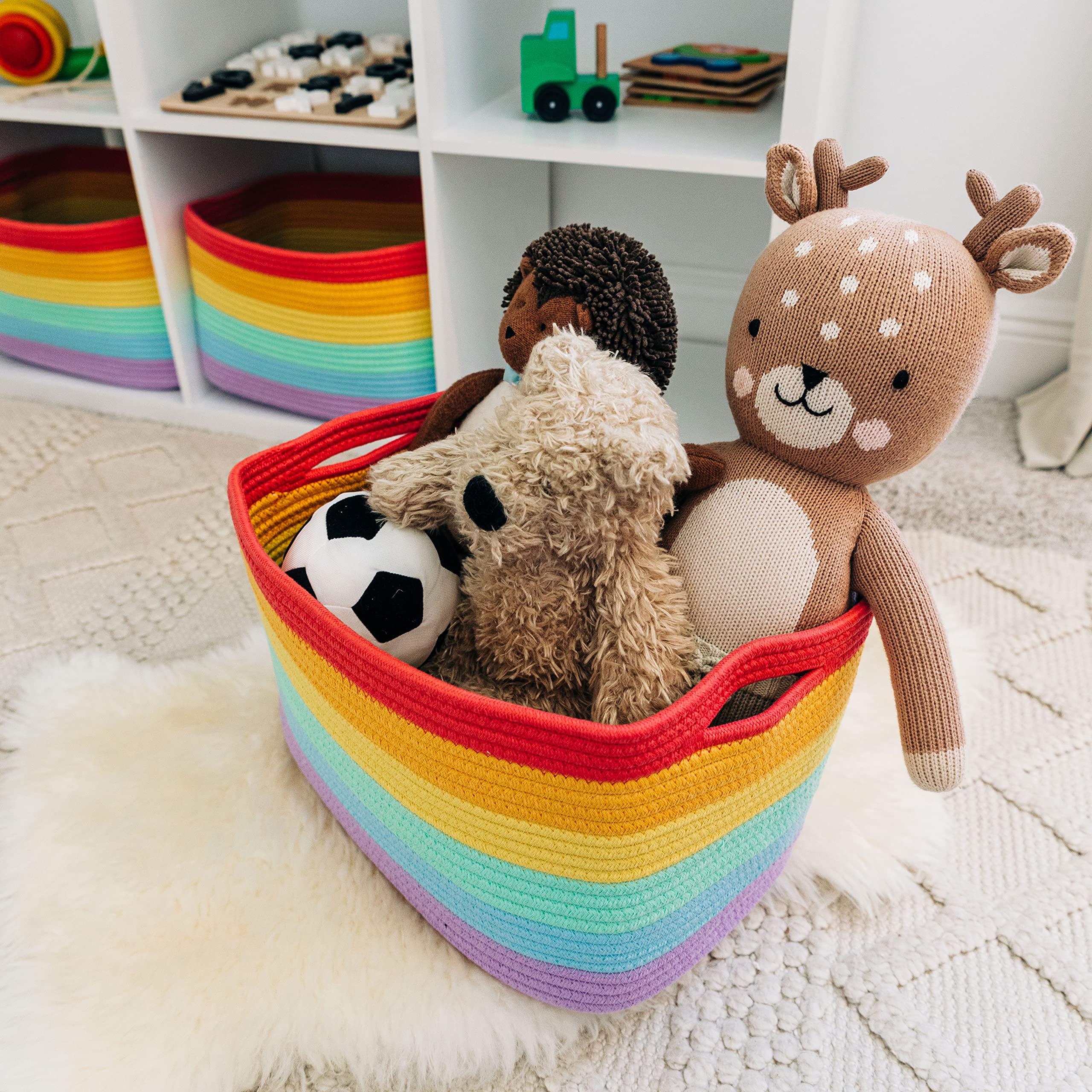 OrganiHaus rainbow baskets with hidden handles for easy pulling.