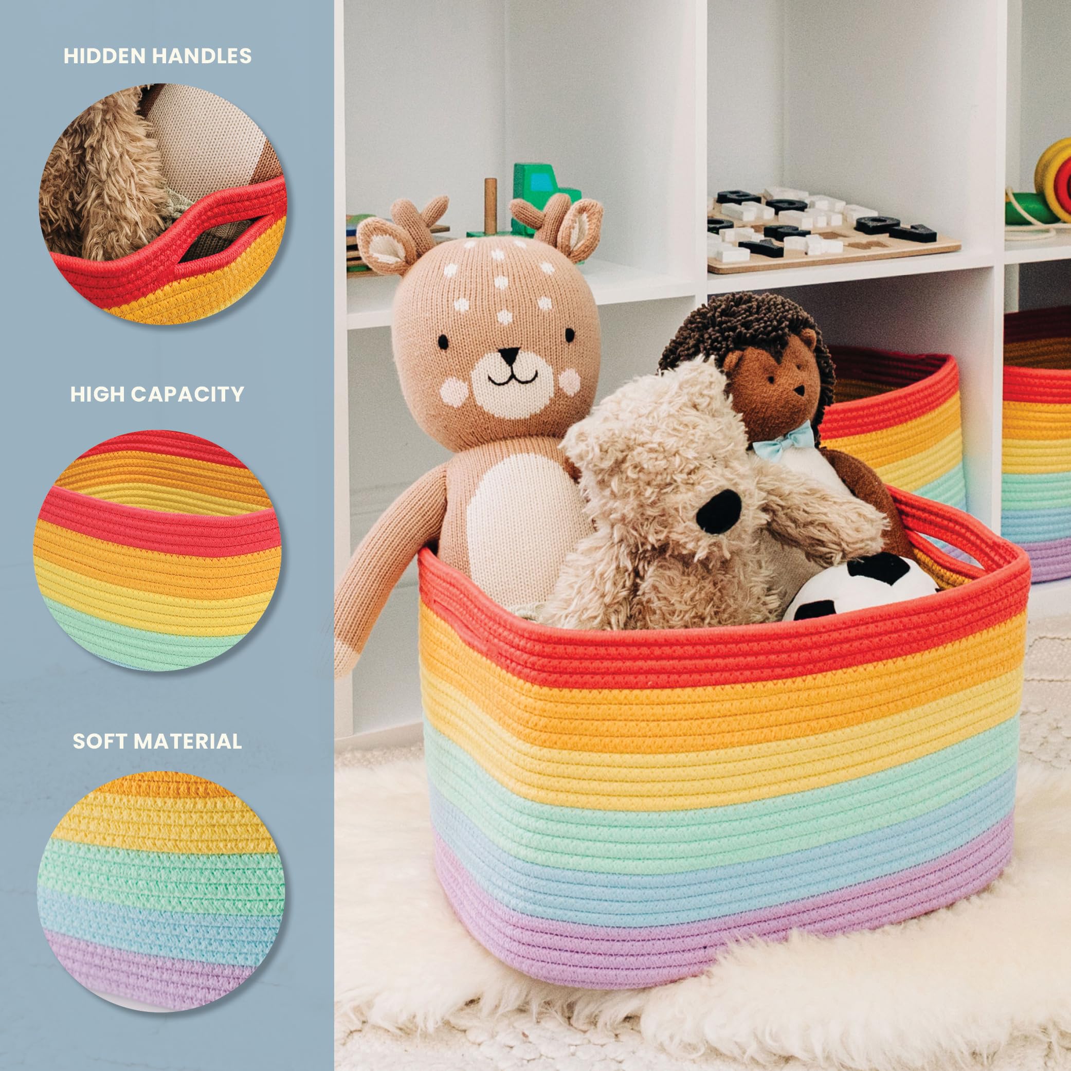 OrganiHaus rainbow baskets filled with toys for easy playroom organization.