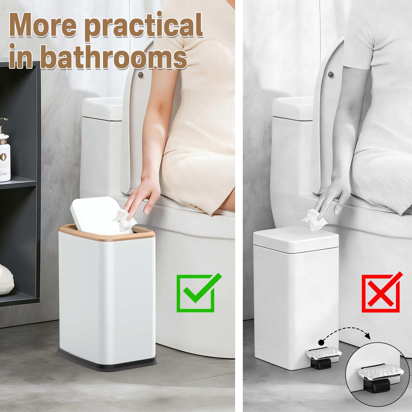 Organizelink slim bin tucked beside a toilet in a narrow bathroom.