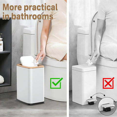 Organizelink slim bin tucked beside a toilet in a narrow bathroom.