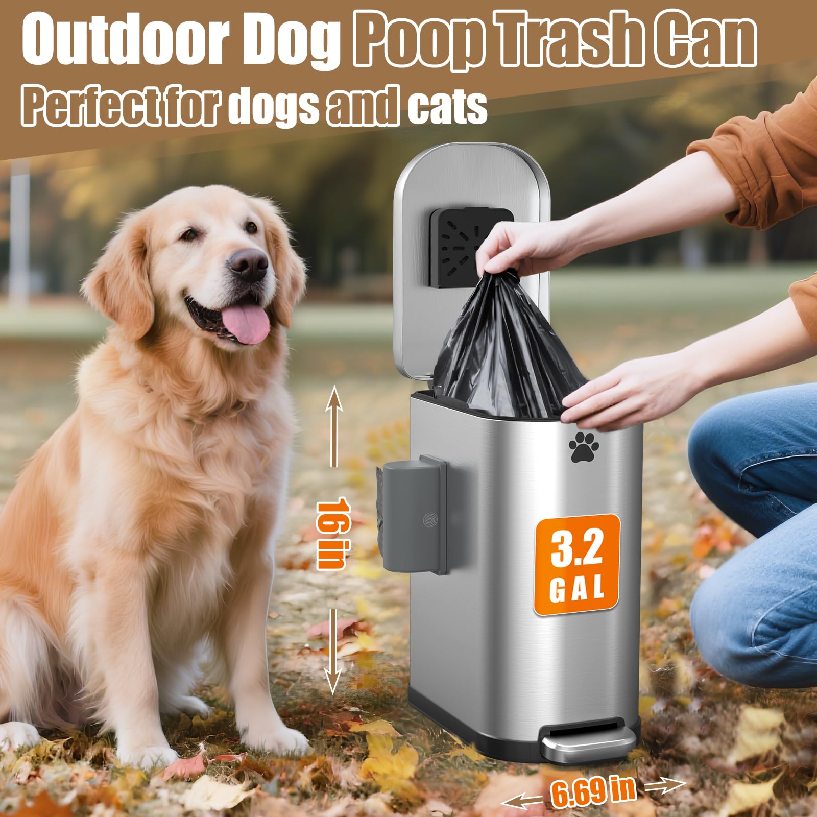 Organizelink paw stickers label the outdoor trash can for quick identification.