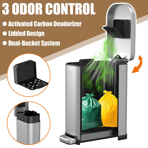 Organizelink step pedal opens the trash can for hands-free disposal.