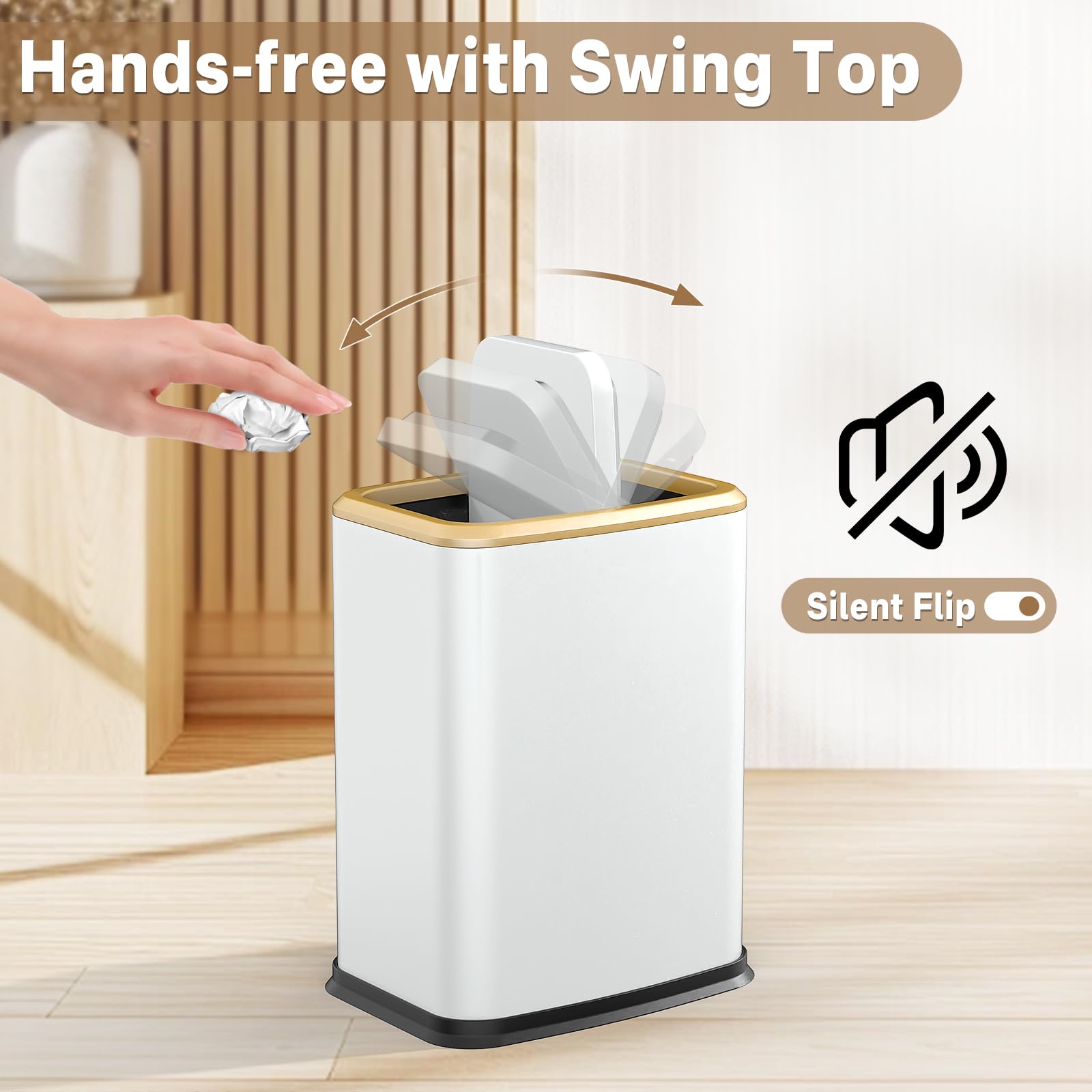 Organizelink white, modern trash bin enhances contemporary bathroom decor.