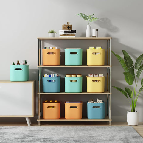 ORGIDOL colorful bin on shelf showing space saving pantry storage