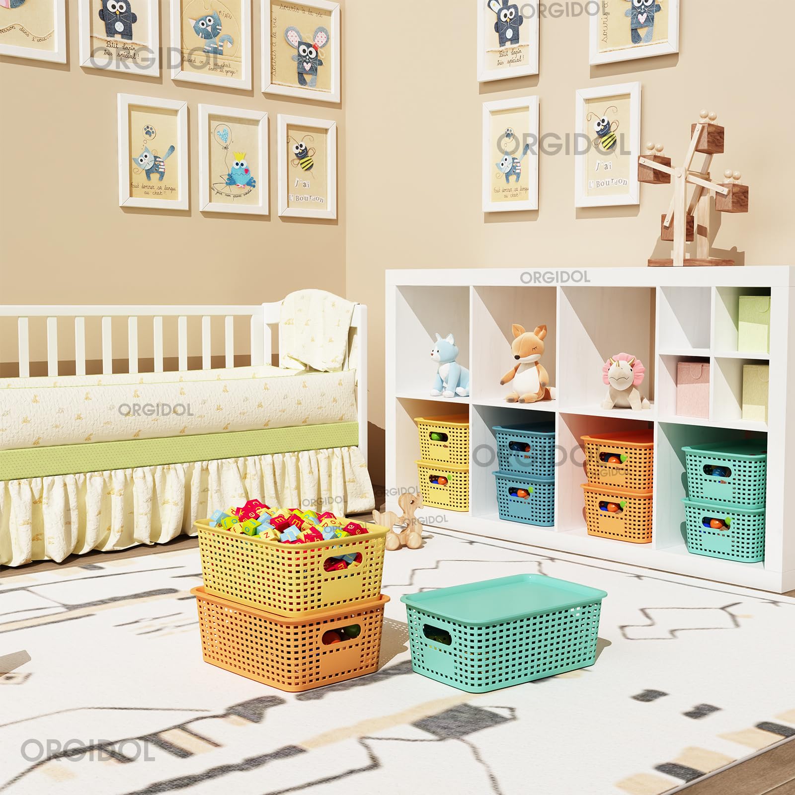 ORGIDOL colorful bins with lids protect items while organizing.