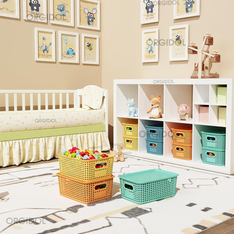 ORGIDOL colorful bins with lids protect items while organizing.