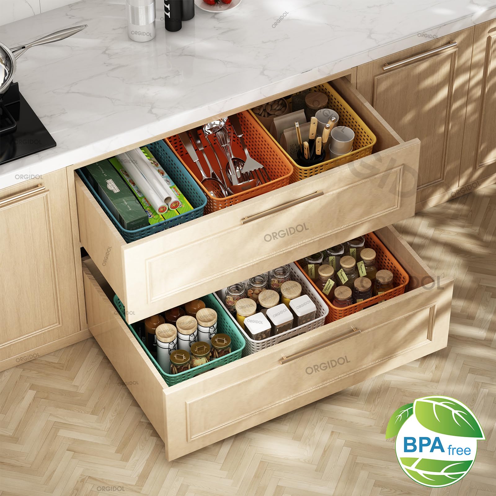 ORGIDOL stackable bins maximize vertical space in offices.