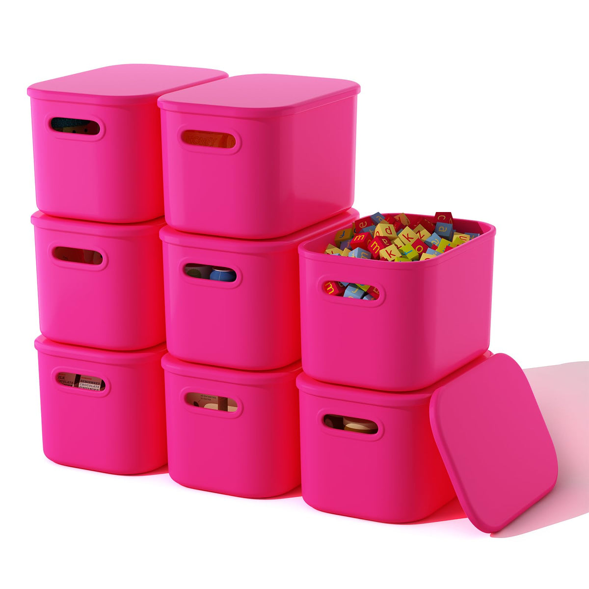 ORGIDOL pink storage bin on a shelf for quick organized access