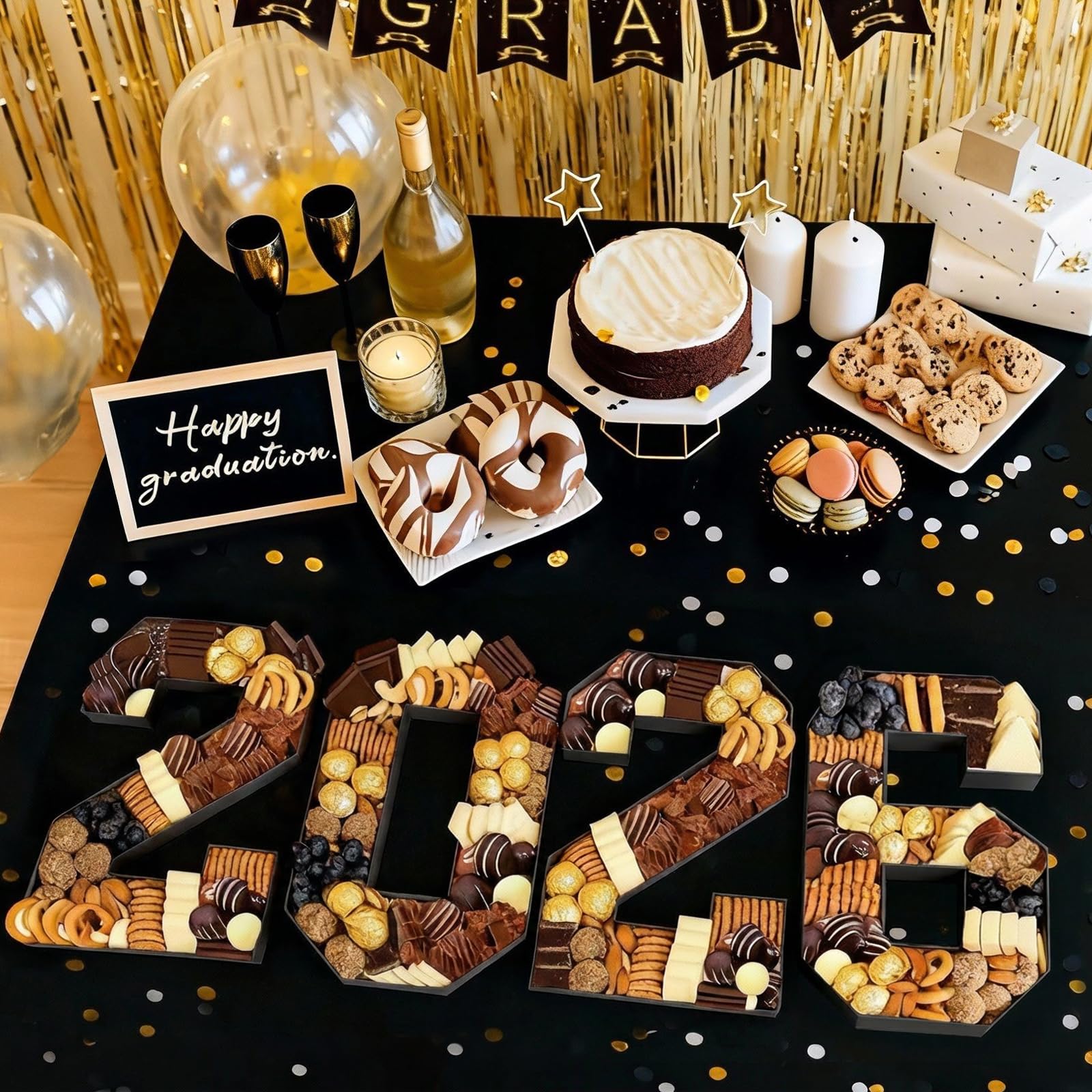 Reusable cardboard tray enhances graduation party decor and service.