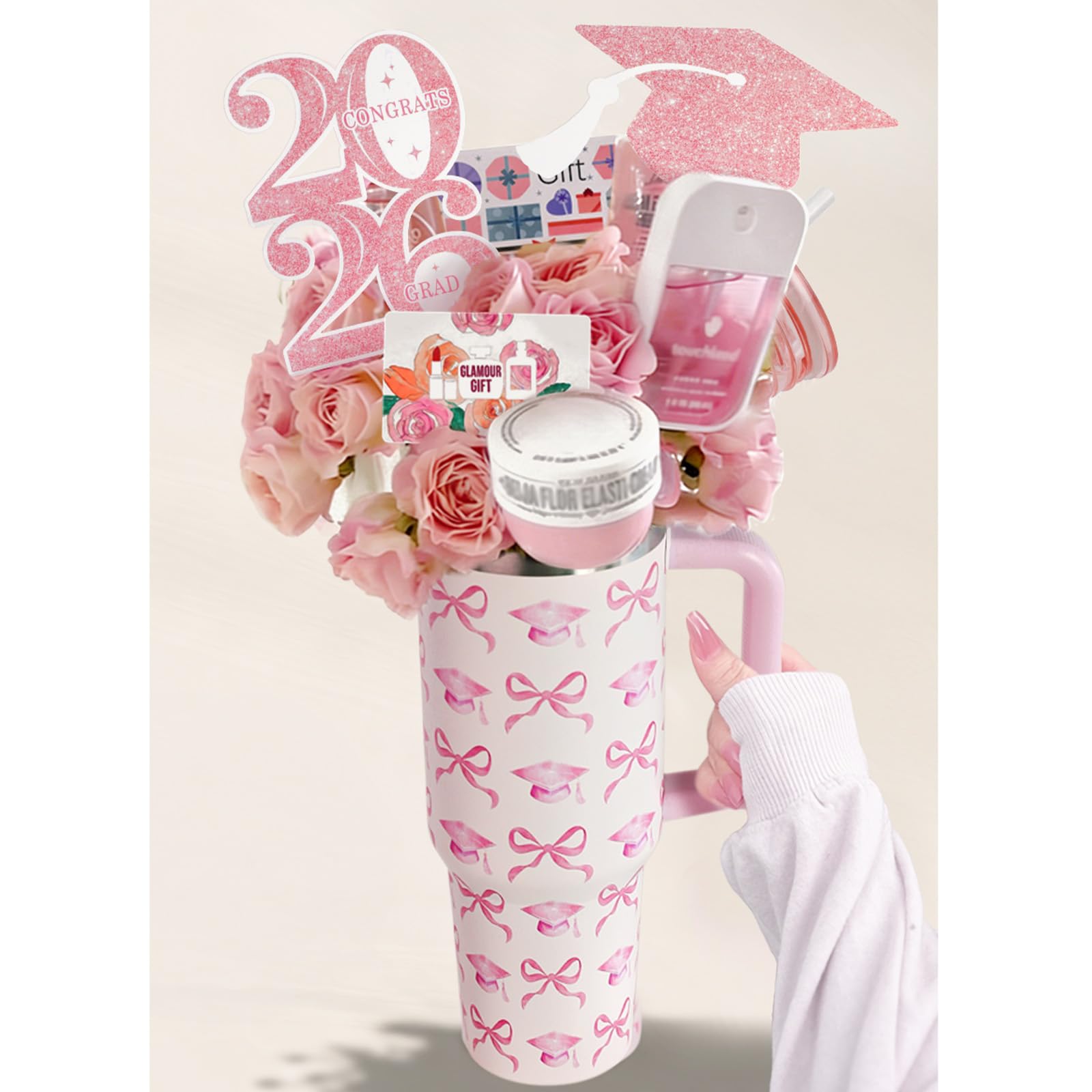 Oriental Cherry graduation tumbler with bouquet, ideal for celebratory moments.