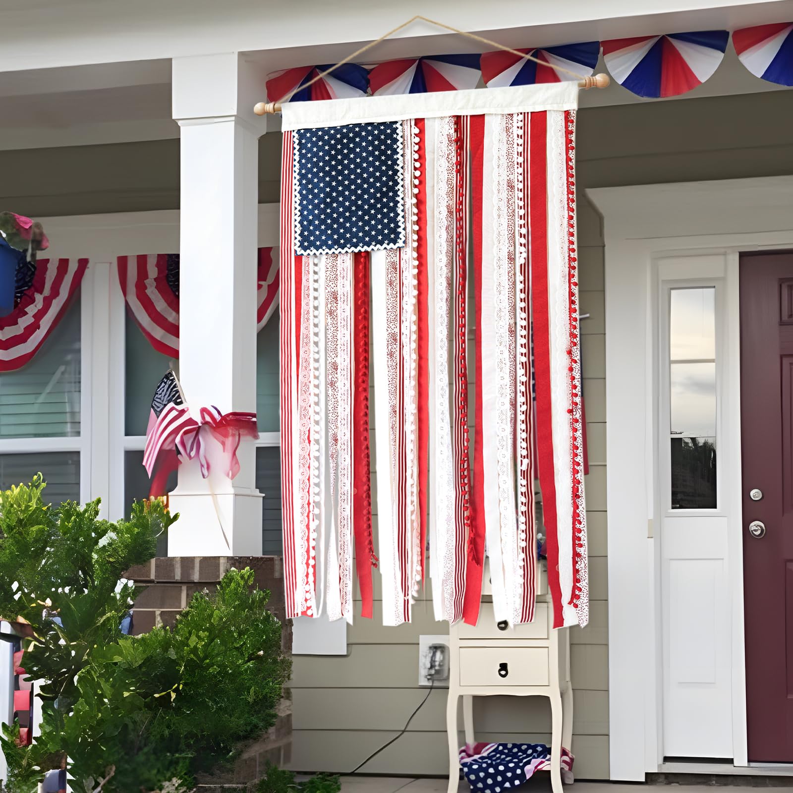 ORIENTAL CHERRY lace-trim rag flag banner enhances seasonal decor with texture.