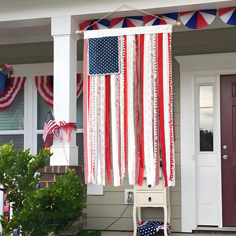 ORIENTAL CHERRY lace-trim rag flag banner enhances seasonal decor with texture.