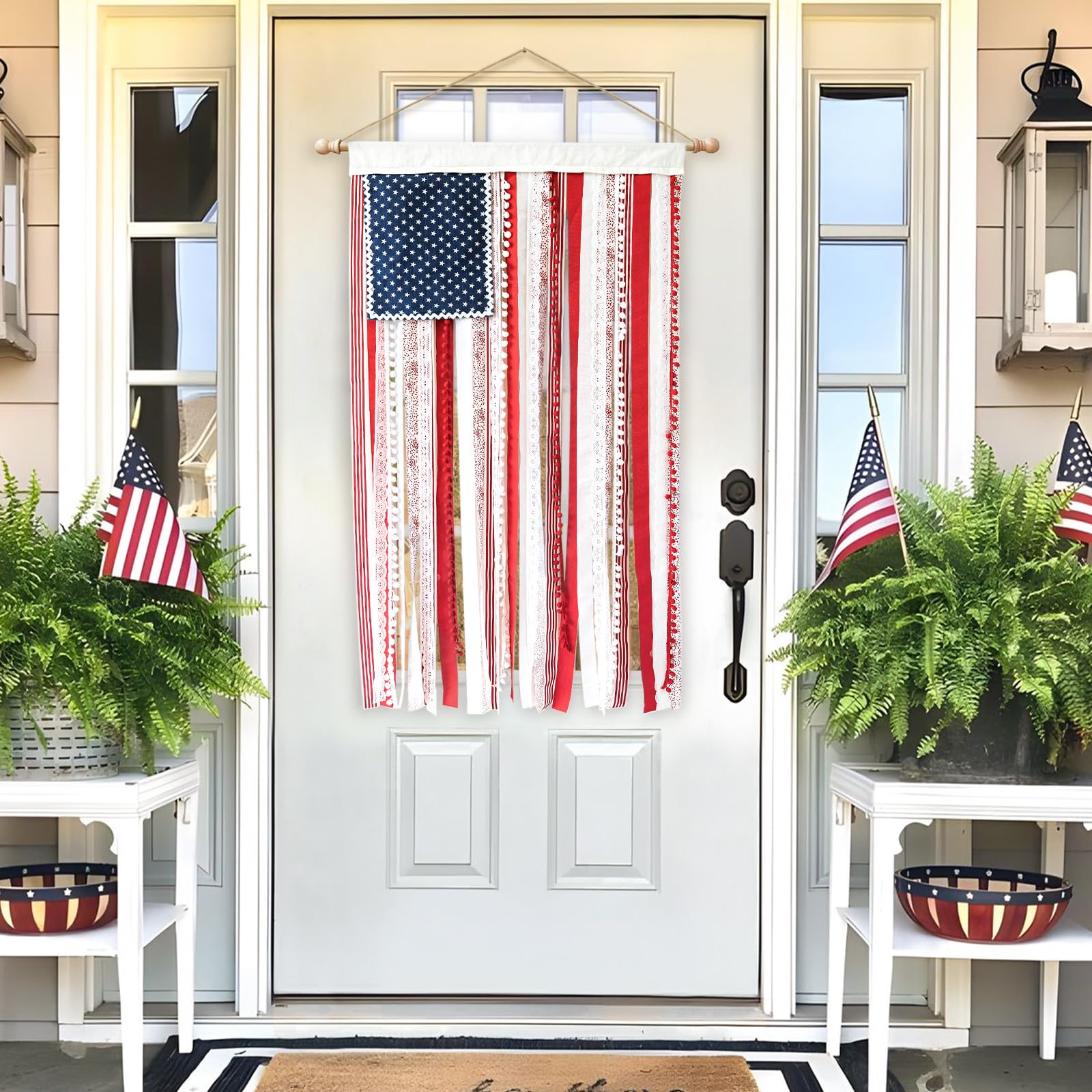 ORIENTAL CHERRY patriotic rag flag wall hanging with wide sleeve for versatile hanging.