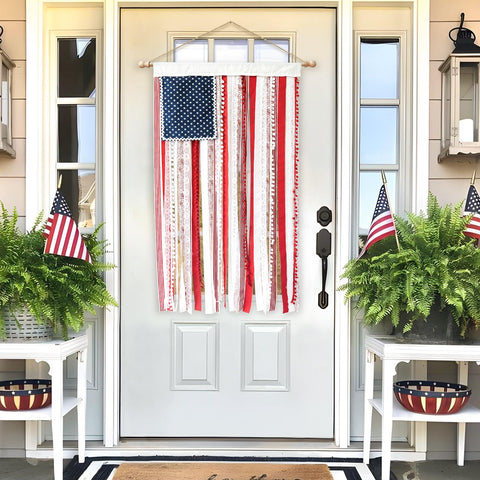 ORIENTAL CHERRY patriotic rag flag wall hanging with wide sleeve for versatile hanging.