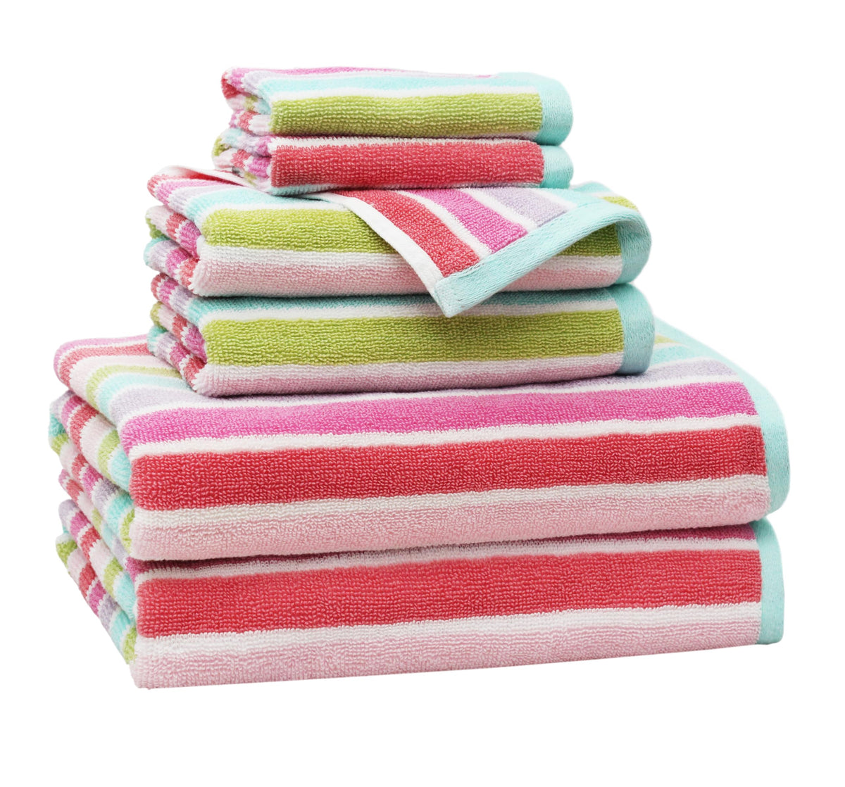 Original Kids six-piece towel set bath towels in pink multi-stripe for cozy bath time.