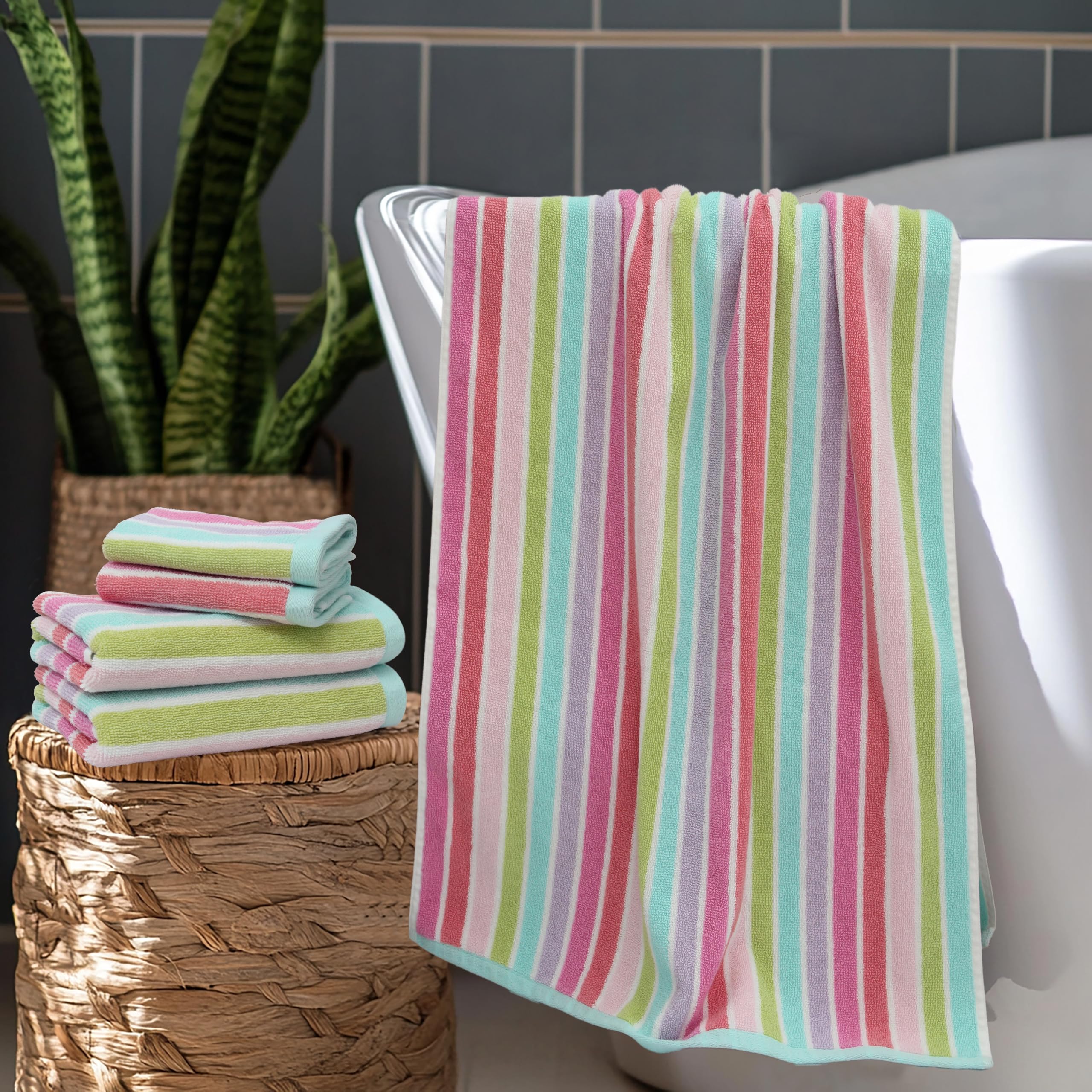 Original Kids hand towels 16x27 in pink multi-stripe, quick-drying and plush.