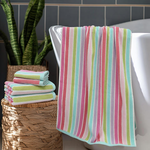 Original Kids hand towels 16x27 in pink multi-stripe, quick-drying and plush.